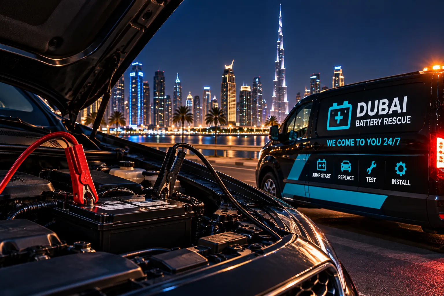 Emergency car battery jump start service in Dubai