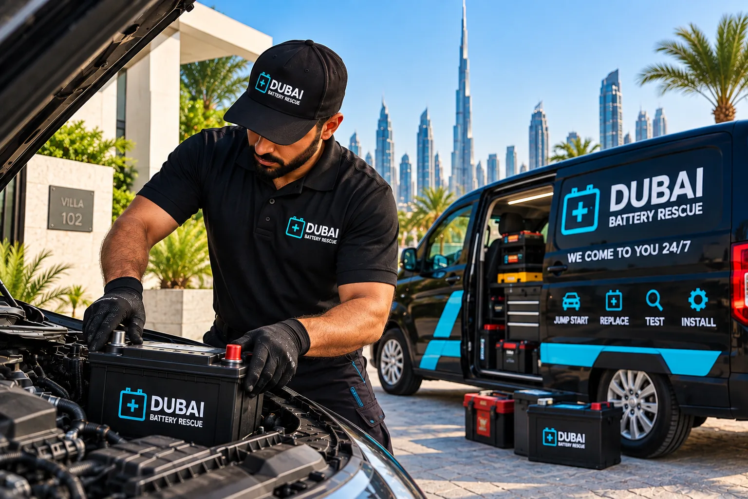 Mobile car battery installation service in Dubai